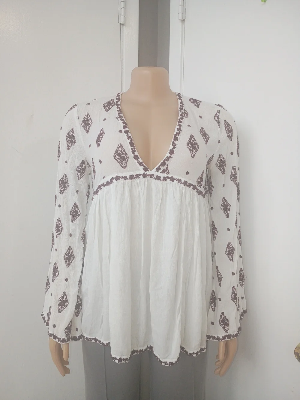 Free People White Peasant Blouse with Purple Print